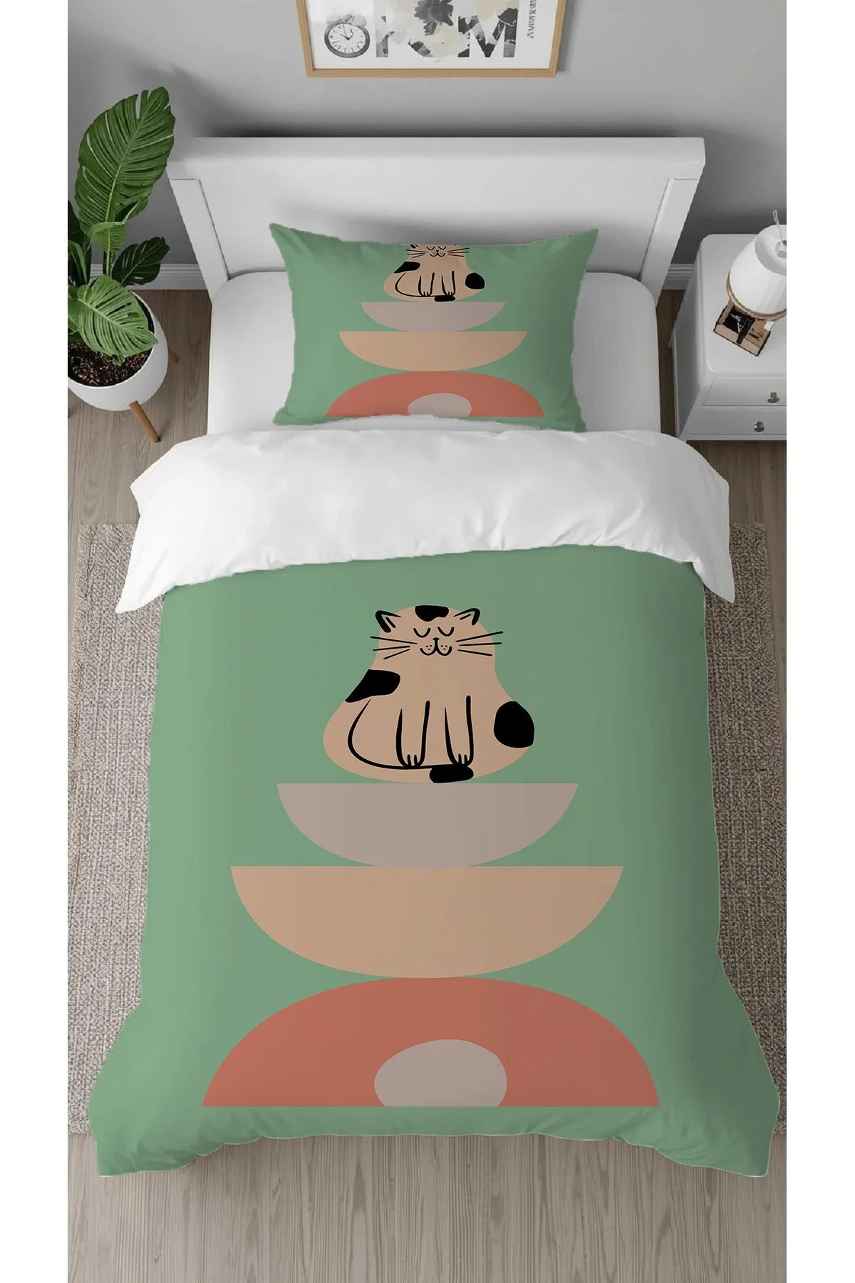 Minimalist Zen Cat & Abstract Shapes Duvet Cover Set - Sage Green Digital Printed Bedding with 100% Cotton Base for Modern Kids' Decor