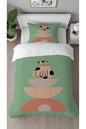 Minimalist Zen Cat & Abstract Shapes Duvet Cover Set - Sage Green Digital Printed Bedding with 100% Cotton Base for Modern Kids' Decor