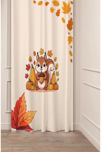 Autumn Golden Leaves & Squirrel Curtain - Cute Fall Harvest Digital Printed Single Panel Drape for Cozy Nature-Inspired Home Decor