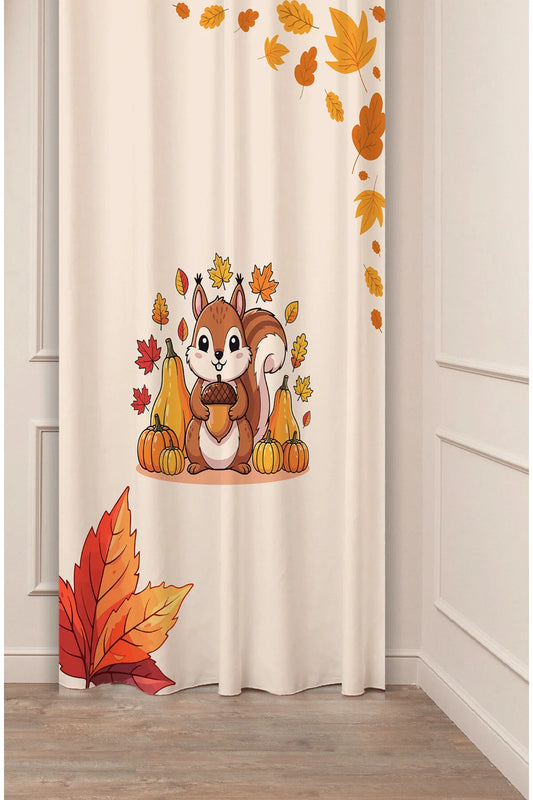 Autumn Golden Leaves & Squirrel Curtain - Cute Fall Harvest Digital Printed Single Panel Drape for Cozy Nature-Inspired Home Decor