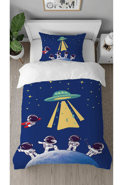 UFO & Galactic Astronaut Duvet Cover Set - Alien Space Adventure Digital Printed Bedding with 100% Cotton Base for Kids' Bedroom Decor