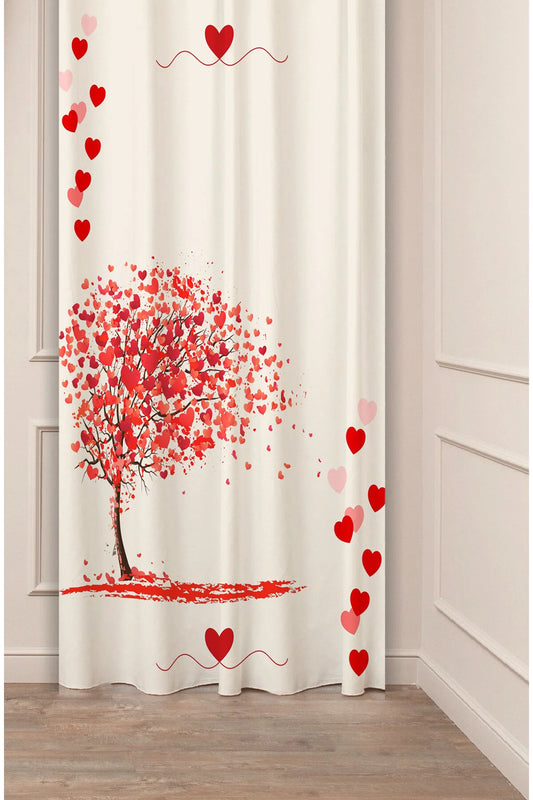 Romantic Love Heart Tree Curtain - Red Hearts & Beige Digital Printed Single Panel Drape for Valentine's & Wedding Bedroom Decor