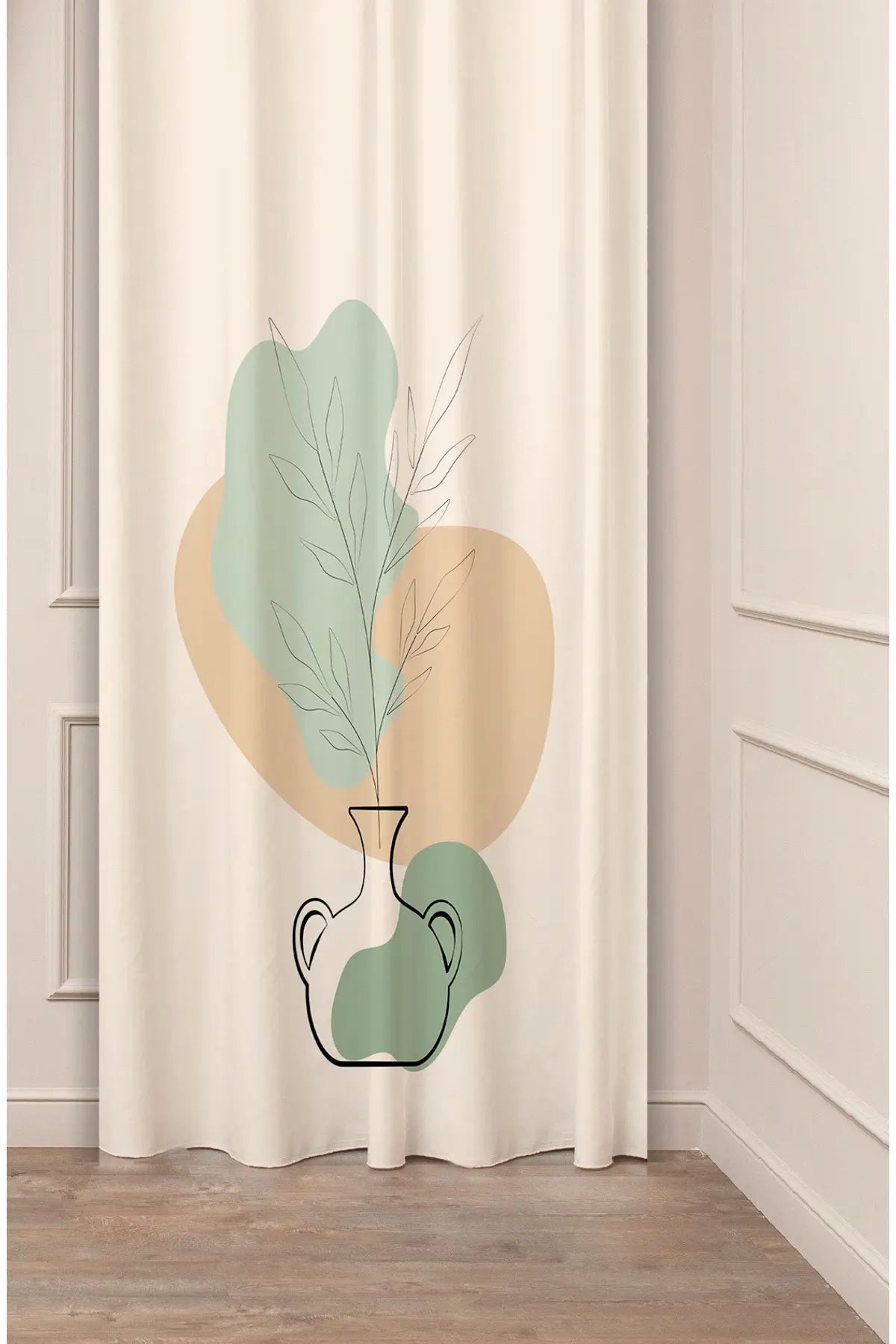 Minimalist Boho Vase & Leaf Curtain - Pastel Abstract Line Art Digital Printed Single Panel Drape for Elegant Modern Home Decor