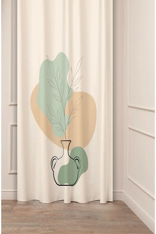 Minimalist Boho Vase & Leaf Curtain - Pastel Abstract Line Art Digital Printed Single Panel Drape for Elegant Modern Home Decor