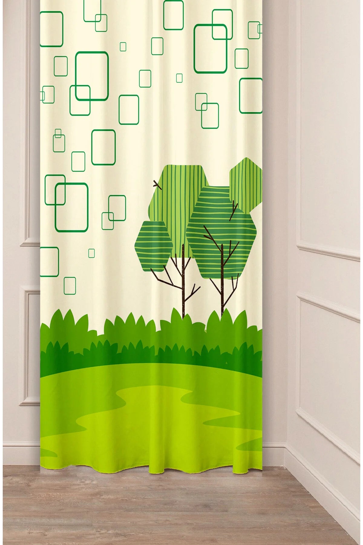 Modern Geometric Green Forest Curtain - Abstract Tree & Square Pattern Digital Printed Single Panel Drape for Nature-Inspired Home Decor