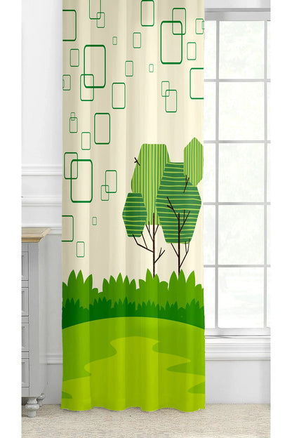 Modern Geometric Green Forest Curtain - Abstract Tree & Square Pattern Digital Printed Single Panel Drape for Nature-Inspired Home Decor