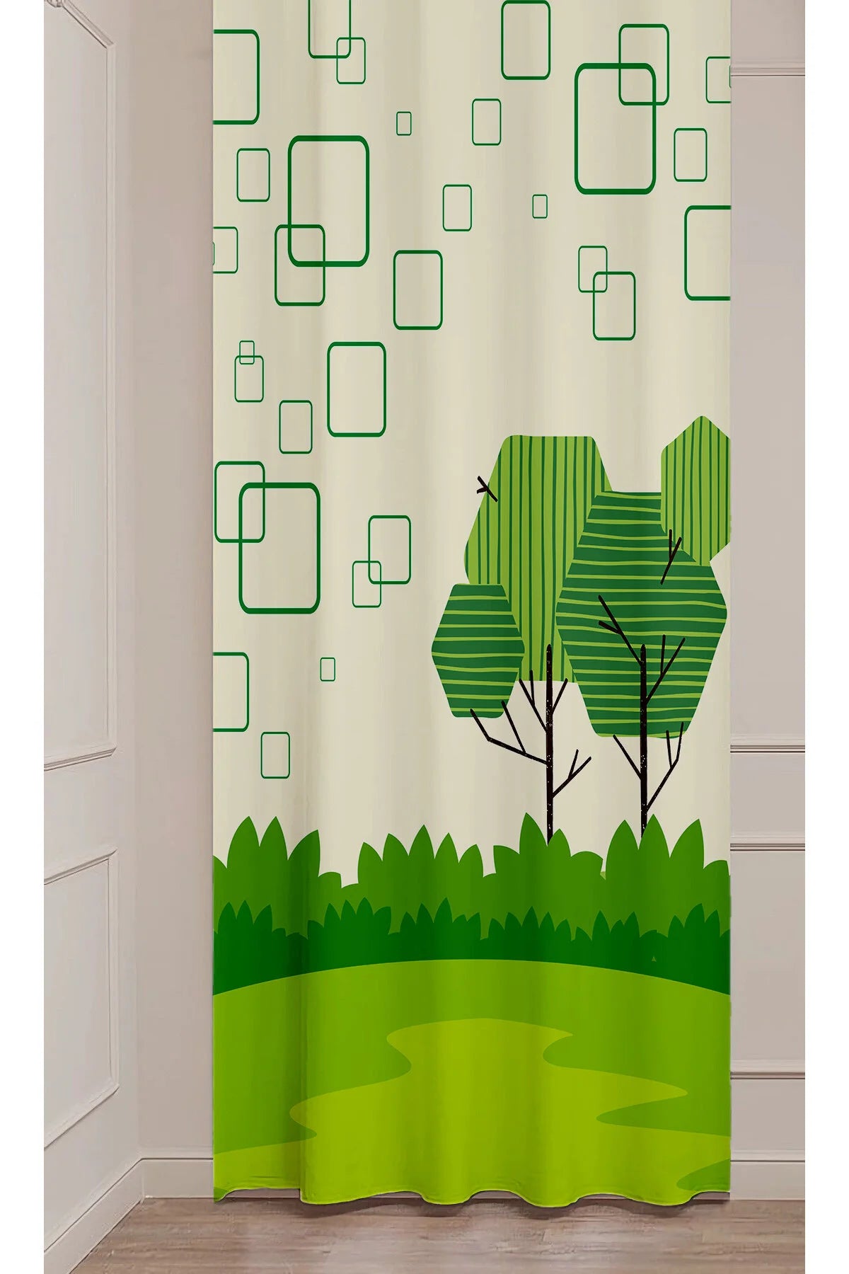Modern Geometric Green Forest Curtain - Abstract Tree & Square Pattern Digital Printed Single Panel Drape for Nature-Inspired Home Decor