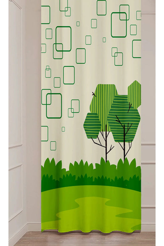 Modern Geometric Green Forest Curtain - Abstract Tree & Square Pattern Digital Printed Single Panel Drape for Nature-Inspired Home Decor