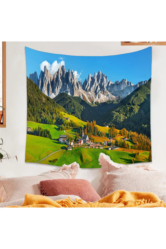 Majestic Alpine Mountain Landscape Tapestry - Nature Inspired Peak & Green Valley Wall Hanging for Modern Living Room & Bedroom Decor