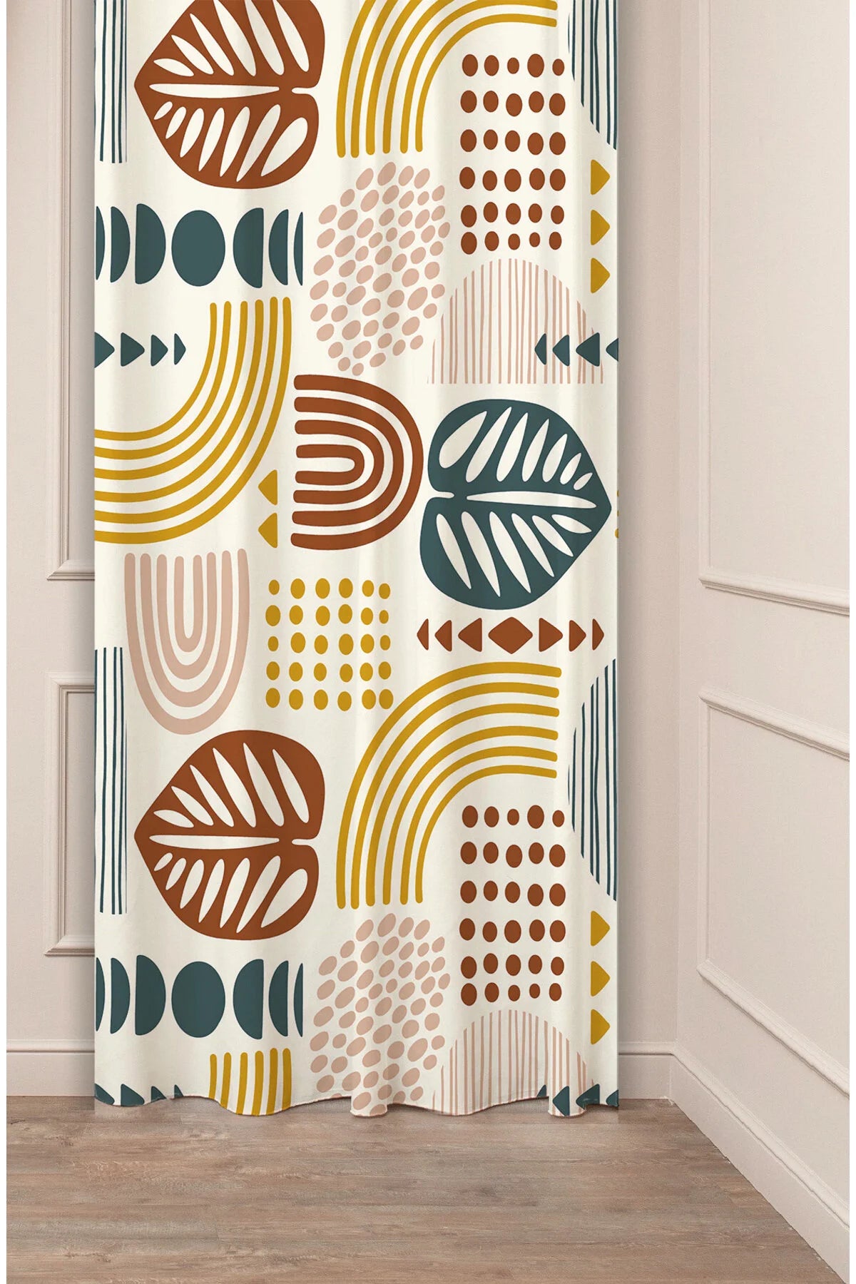 Bohemian Rainbow & Monstera Leaf Curtain - Modern Earth Tone Abstract Digital Printed Single Panel Drape for Chic Living Room & Bedroom Decor