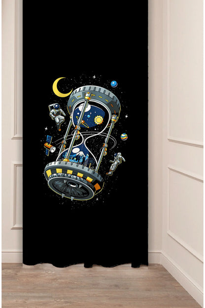 Galactic Hourglass & Astronaut Curtain - Surreal Space Time Digital Printed Single Panel Drape for Modern Sci-Fi Bedroom & Office Decor