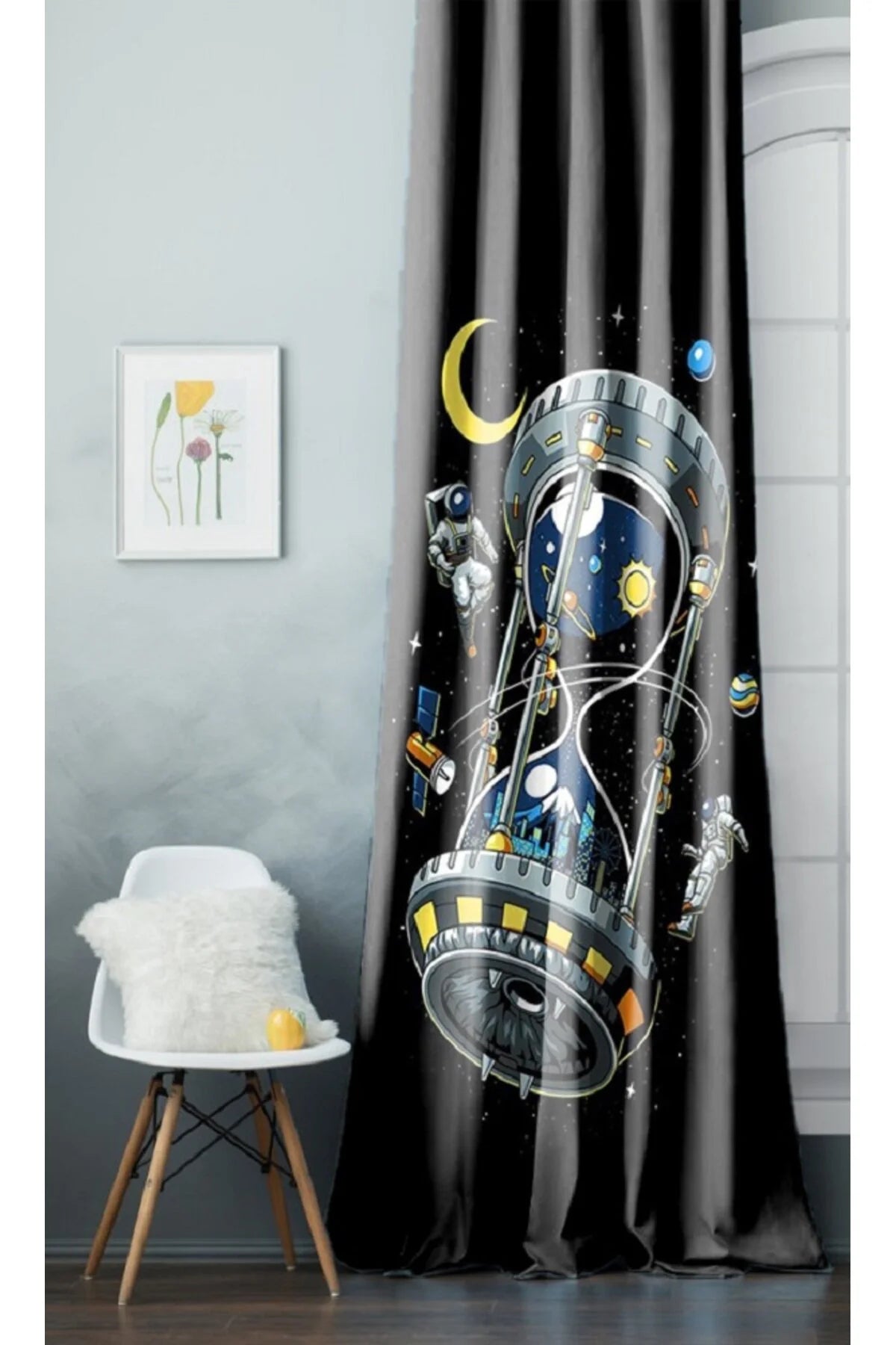 Galactic Hourglass & Astronaut Curtain - Surreal Space Time Digital Printed Single Panel Drape for Modern Sci-Fi Bedroom & Office Decor