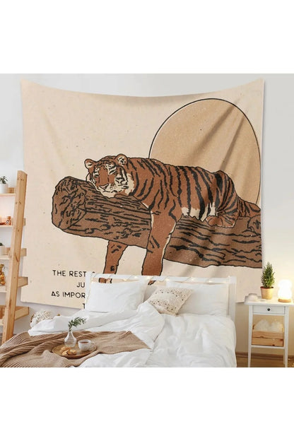 Japanese Style Resting Tiger Wall Tapestry - "Rest is Important" Motivational Quote Digital Printed Decorative Wall Art for Modern Home & Office Decor
