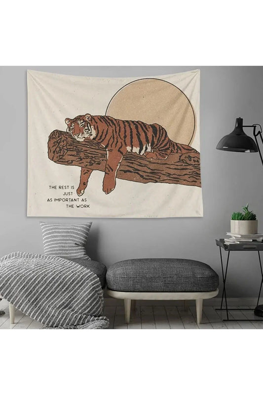 Japanese Style Resting Tiger Wall Tapestry - "Rest is Important" Motivational Quote Digital Printed Decorative Wall Art for Modern Home & Office Decor