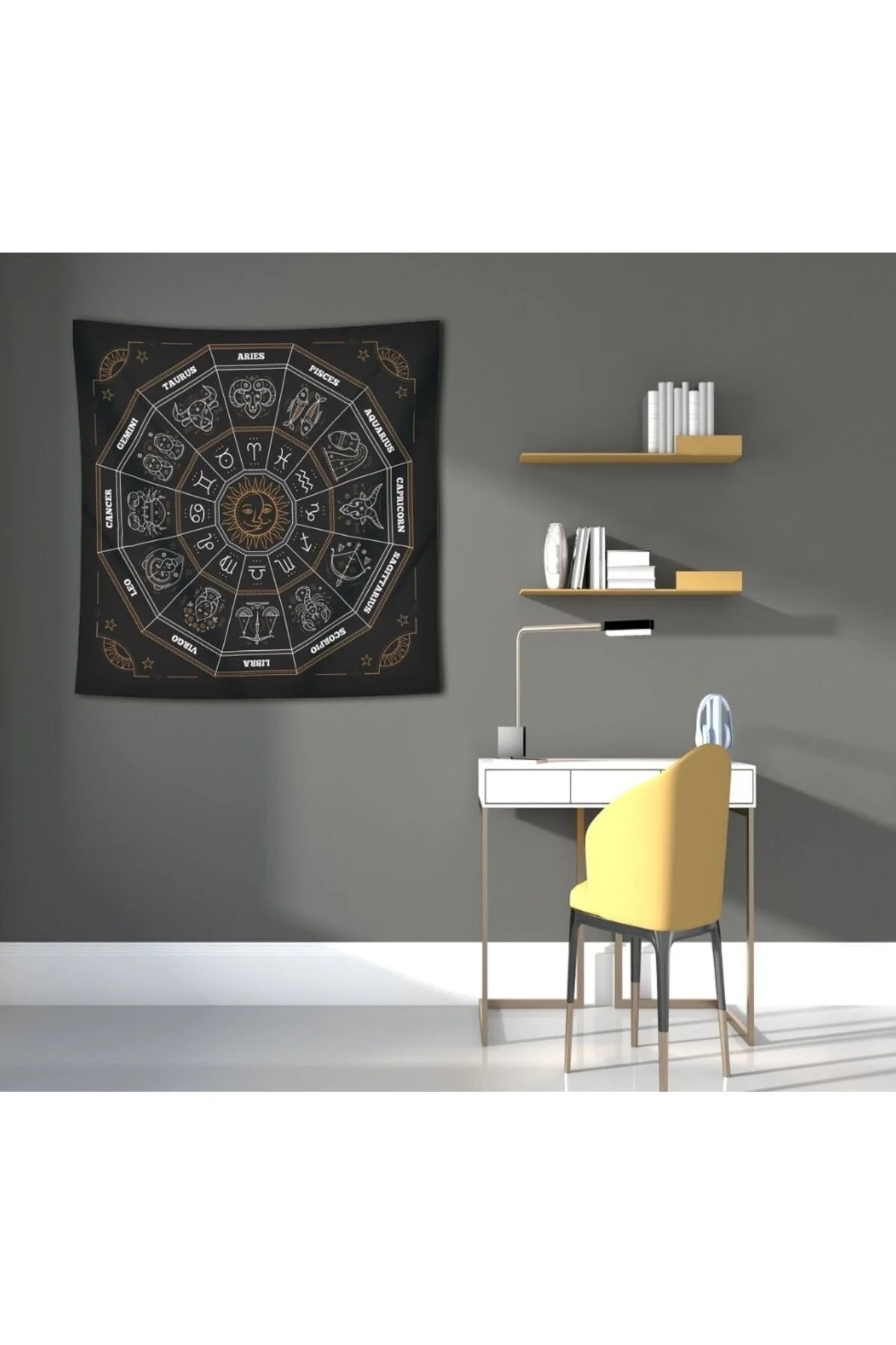 Celestial Zodiac Astrology Wheel Tapestry - Gold & Black Mystic Sun Wall Hanging for Spiritual Room Decor & Astrology Lovers