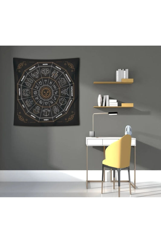 Celestial Zodiac Astrology Wheel Tapestry - Gold & Black Mystic Sun Wall Hanging for Spiritual Room Decor & Astrology Lovers