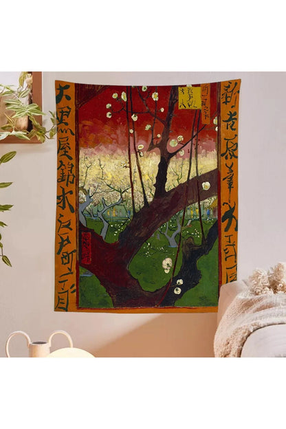 Van Gogh Flowering Plum Orchard Tapestry - Iconic Fine Art Masterpiece Wall Hanging for Classic & Modern Home Gallery Decor