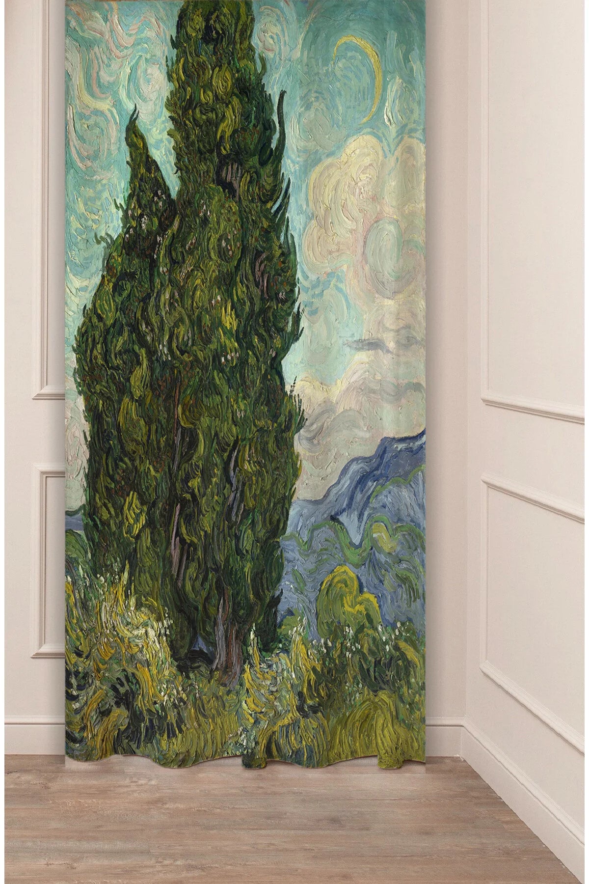 Van Gogh Cypresses Masterpiece Curtain - Iconic Fine Art Landscape Digital Printed Single Panel Drape for Sophisticated Home Gallery Decor