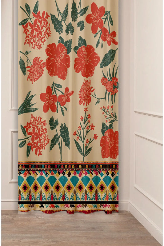 Antique Bohemian Floral Curtain - Red Hibiscus & Ethnic Geometric Pattern Digital Printed Single Panel Drape for Vintage Boho Home Decor