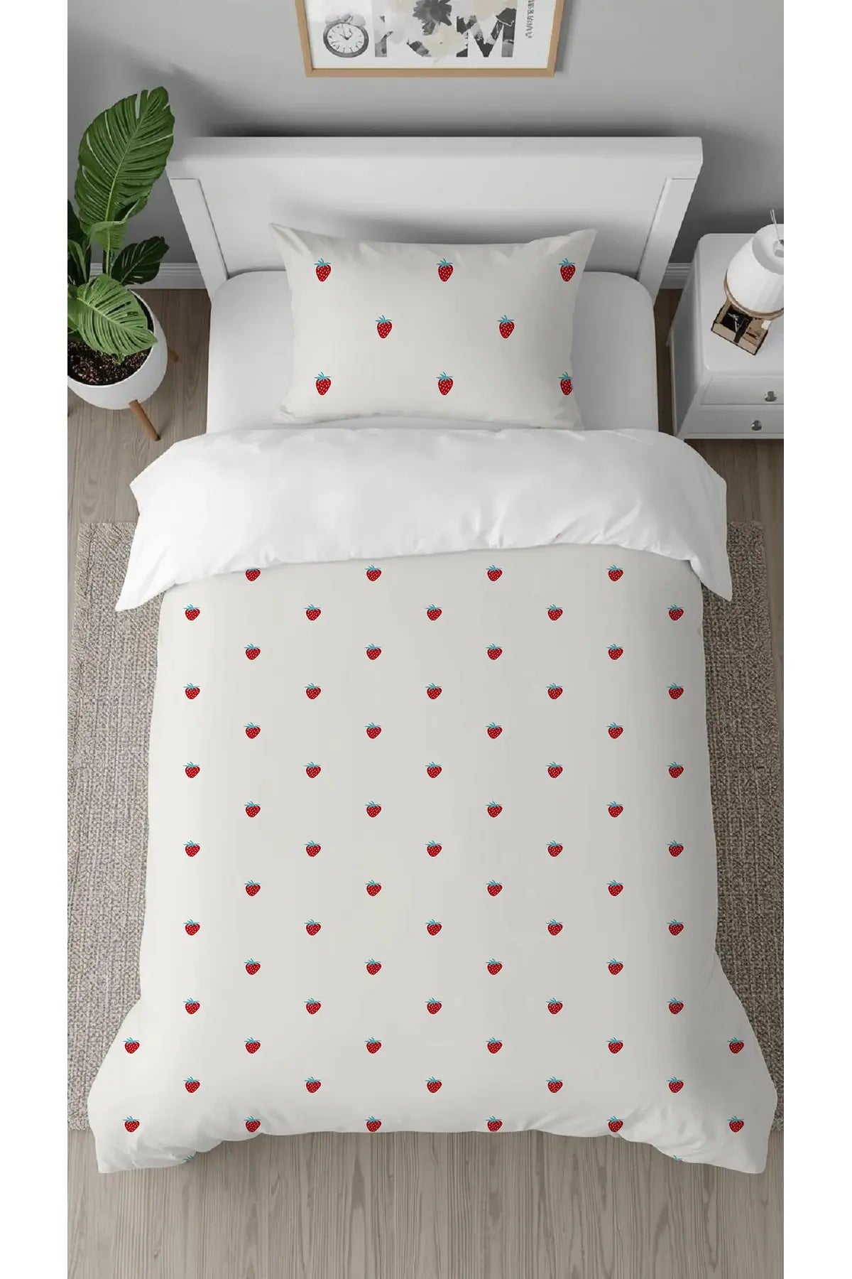Sweet Strawberry Pattern Duvet Cover Set - Soft Minimalist Berry Print Bedding for Cute & Fresh Bedroom Decor