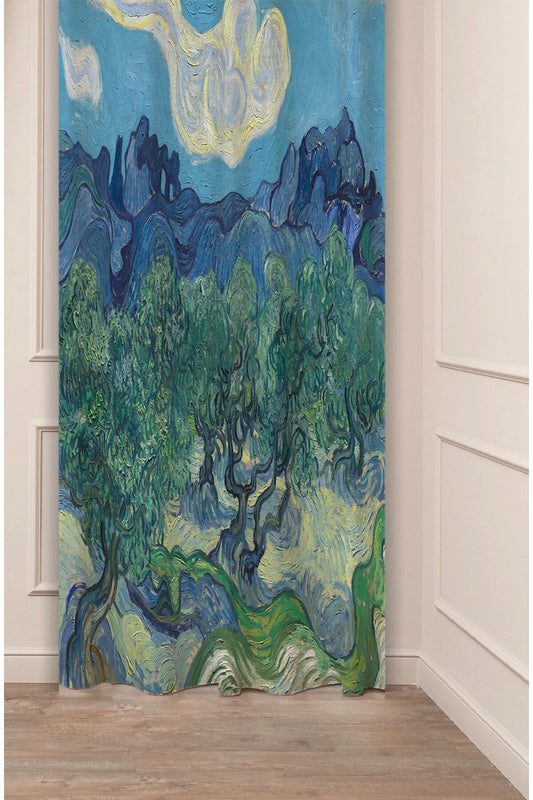 Van Gogh Olive Trees Masterpiece Curtain - Iconic Fine Art Landscape Digital Printed Single Panel Drape for Elegant Home & Office Decor