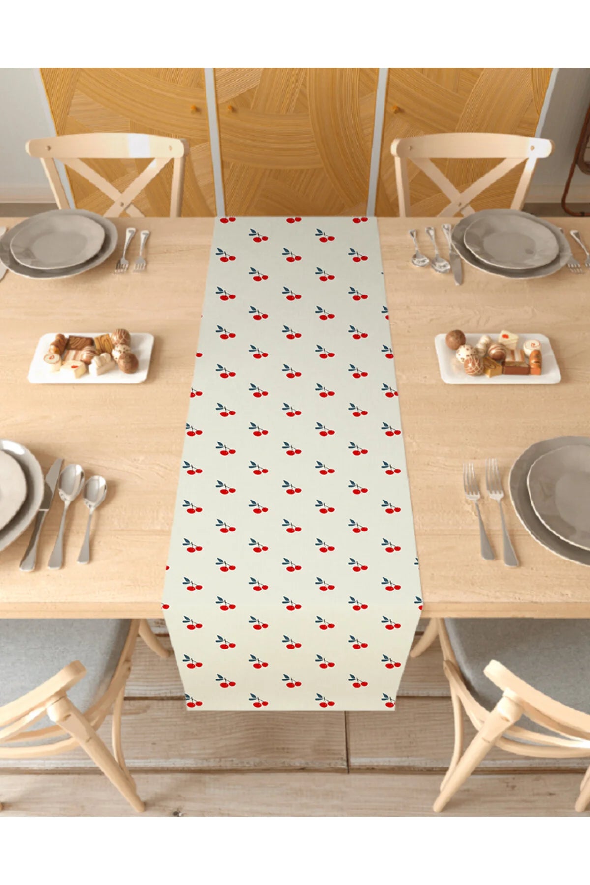 Sweet Cherry & Berry Pattern Table Runner - Red & Beige Bohemian Digital Printed Decorative Tablecloth for Kitchen & Dining Room Decor