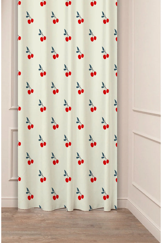 Sweet Cherry Blossom Pattern Curtain - Red Cherry & Beige Bohemian Digital Printed Single Panel Drape for Fresh Kitchen & Dining Decor