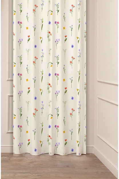 Wildflower Meadow Pattern Curtain - Colorful Floral & Leaf Beige Cream Bohemian Digital Printed Single Panel Drape for Fresh Living Room Decor