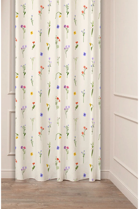 Wildflower Meadow Pattern Curtain - Colorful Floral & Leaf Beige Cream Bohemian Digital Printed Single Panel Drape for Fresh Living Room Decor