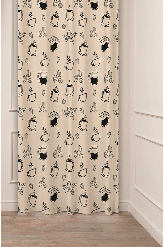 Minimalist Coffee Time Pattern Curtain - Espresso, Latte & Coffee Bean Digital Printed Single Panel Drape for Modern Kitchen & Cafe Decor
