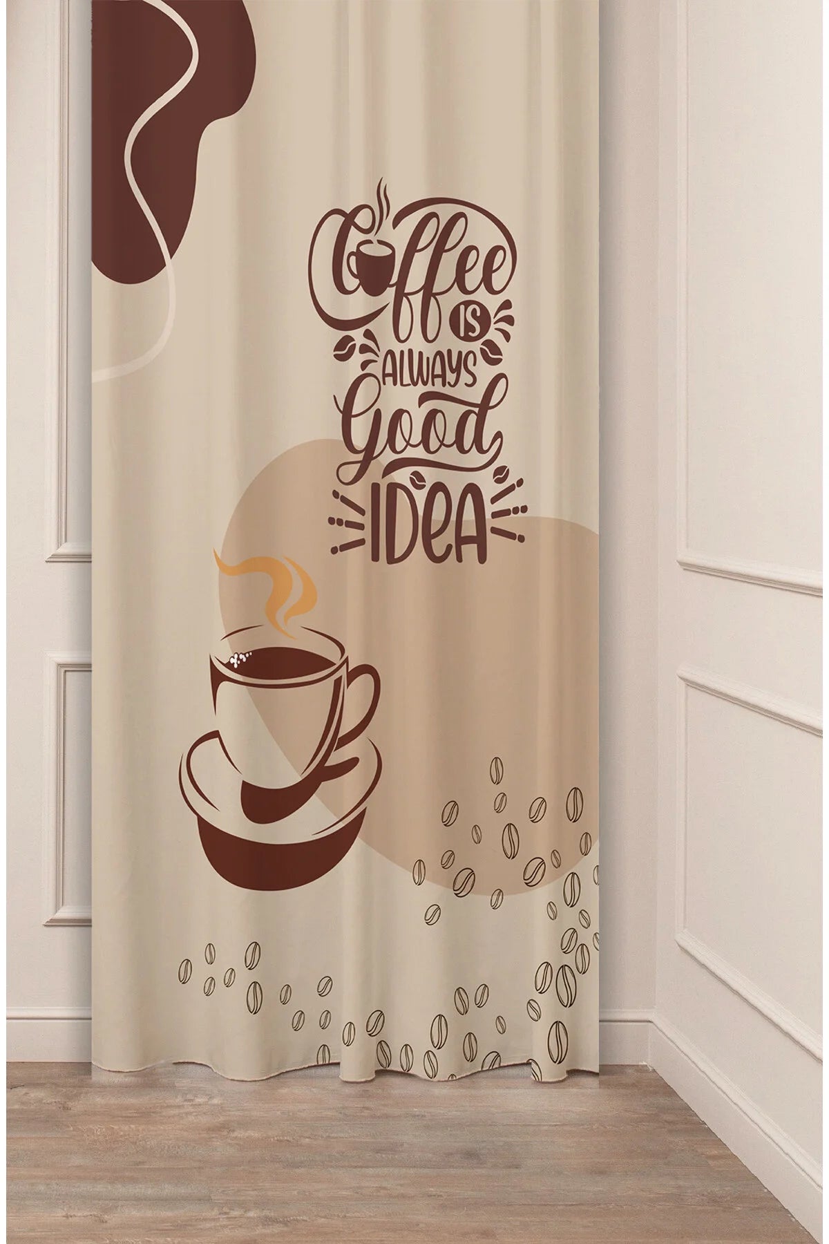 Decorative Kitchen Curtain - Espresso Bean & Latte Art Digital Printed Single Panel Drape for Coffee Bar & Cafe Decor