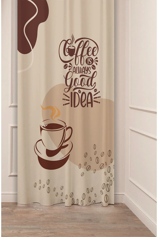 Decorative Kitchen Curtain - Espresso Bean & Latte Art Digital Printed Single Panel Drape for Coffee Bar & Cafe Decor