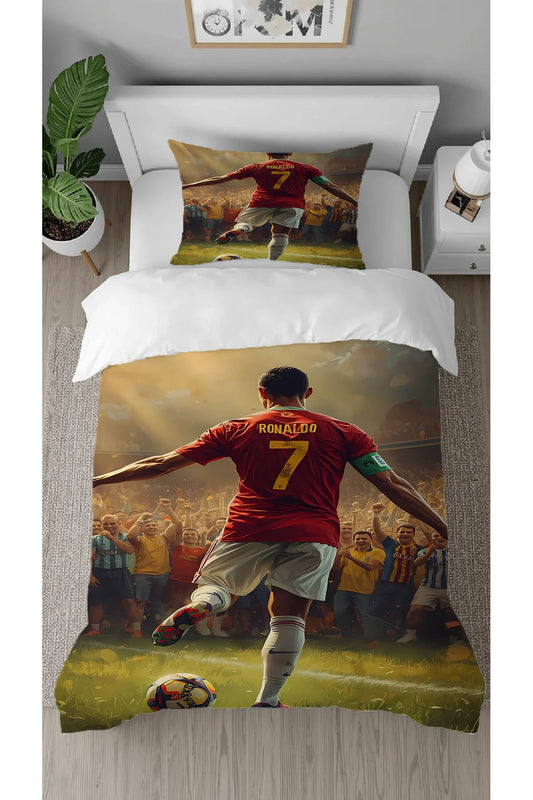 Legendary Football Hero Ronaldo Bedding Set - Soccer Superstar Digital Printed Duvet Cover for Kids & Teens Bedroom Decor (Single Size)
