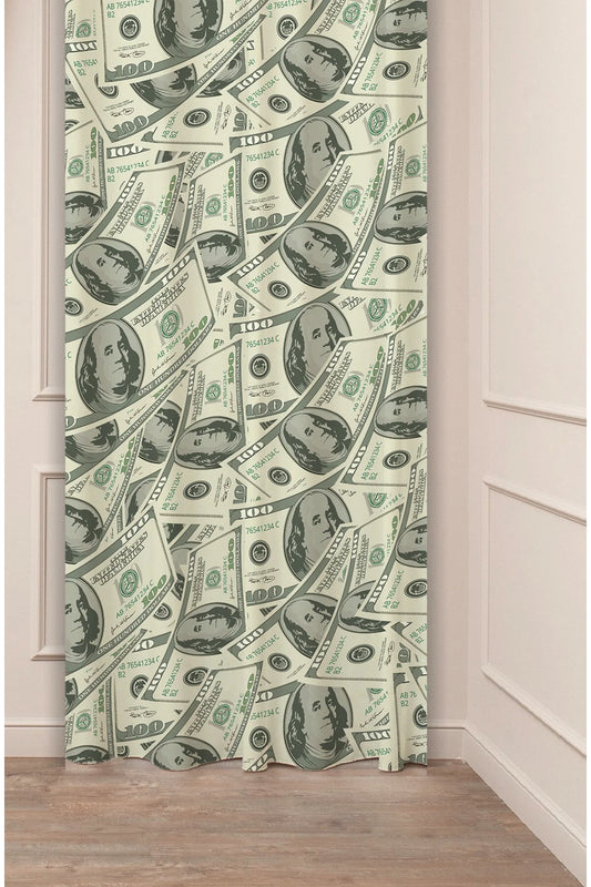 Wealth & Abundance Dollar Pattern Curtain - Hundred Dollar Bill Cash Print Digital Printed Single Panel Drape for Modern Office & Creative Room Decor