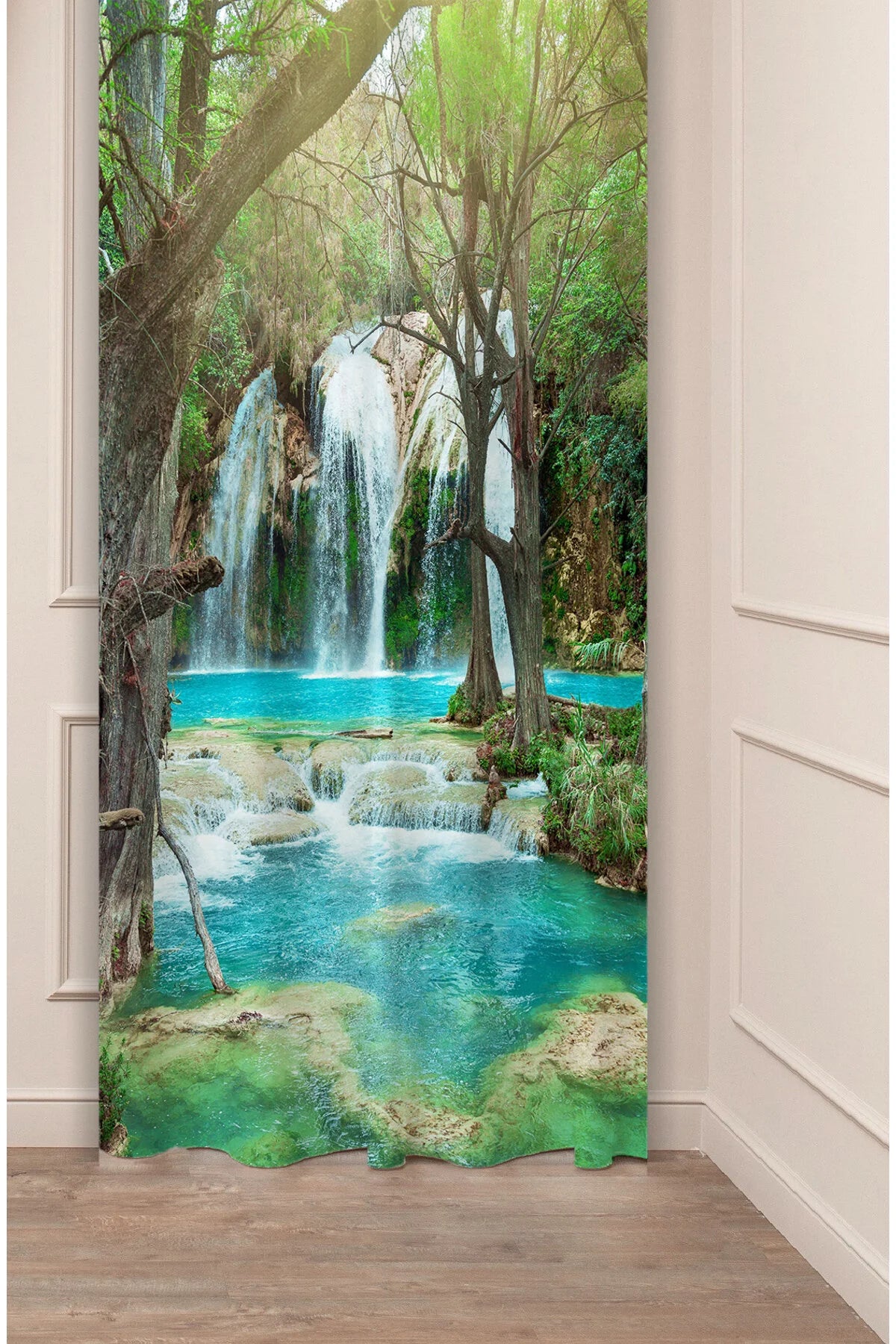 Turquoise Forest Waterfall Curtain - Scenic Nature Landscape Digital Printed Single Panel Drape for Refreshing Living Room & Spa Decor