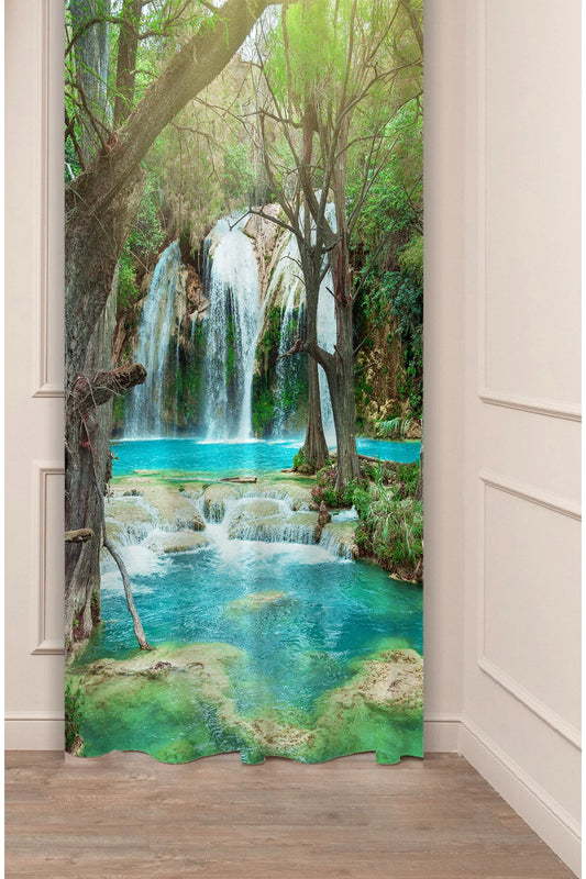 Turquoise Forest Waterfall Curtain - Scenic Nature Landscape Digital Printed Single Panel Drape for Refreshing Living Room & Spa Decor