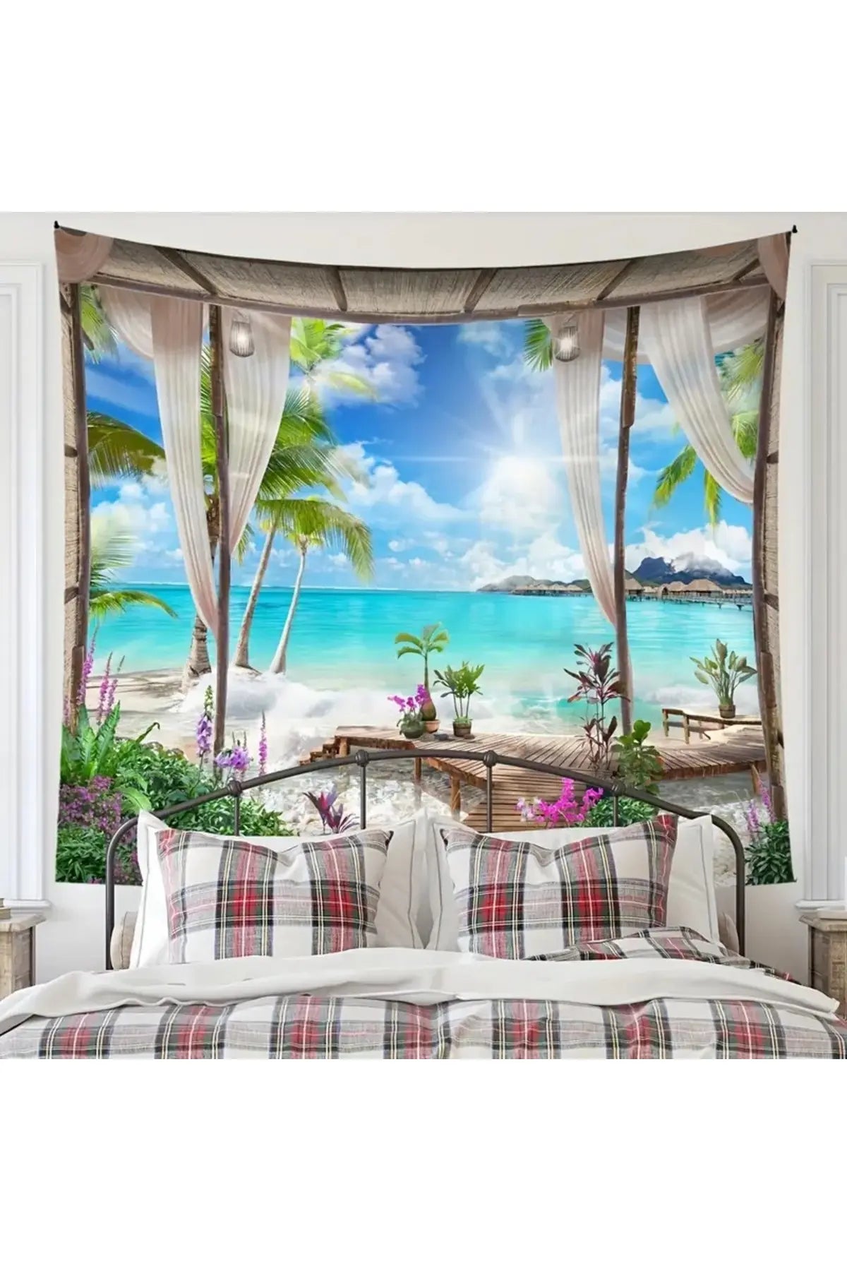 Tropical Beach Gazebo Wall Tapestry - Ocean View Pier & Palm Tree Digital Printed Decorative Wall Hanging for Exotic & Serene Home Decor