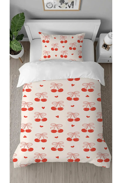 Sweet Red Cherry & Ribbon Pattern Bedding Set - Cute Fruit & Hearts Digital Printed Single Size Duvet Cover for Kids & Teens Bedroom Decor