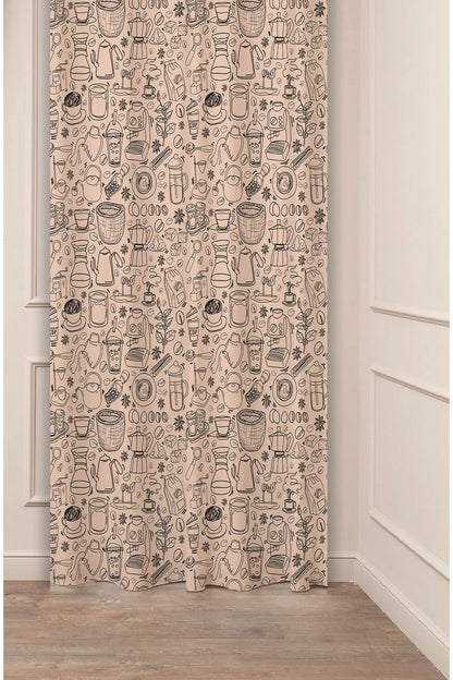 Bohemian Coffee Bean & Brewing Tools Sketch Curtain - Rustic Cafe Style Digital Printed Single Panel Drape for Modern Kitchen & Coffee Bar Decor