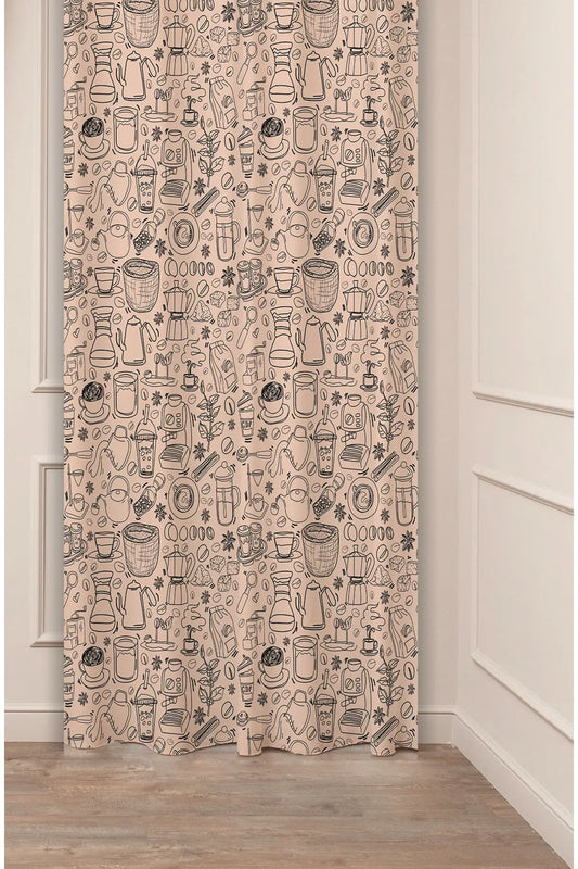 Bohemian Coffee Bean & Brewing Tools Sketch Curtain - Rustic Cafe Style Digital Printed Single Panel Drape for Modern Kitchen & Coffee Bar Decor